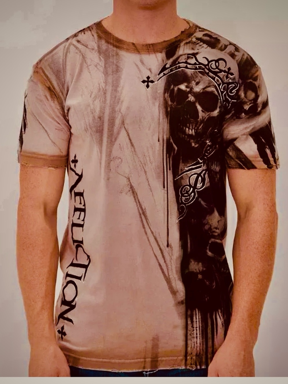 Affliction Men's Brown and Black Skull Graphic Short-Sleeve Tee
